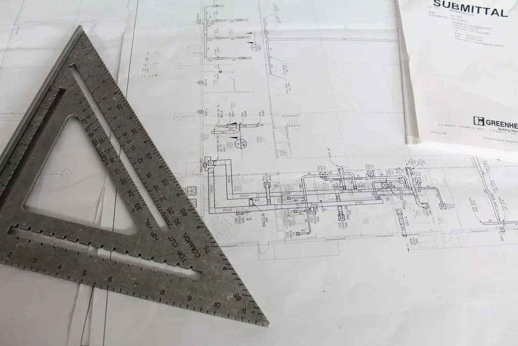 Teknik çizimlerin üzerinde duran çelik gönye